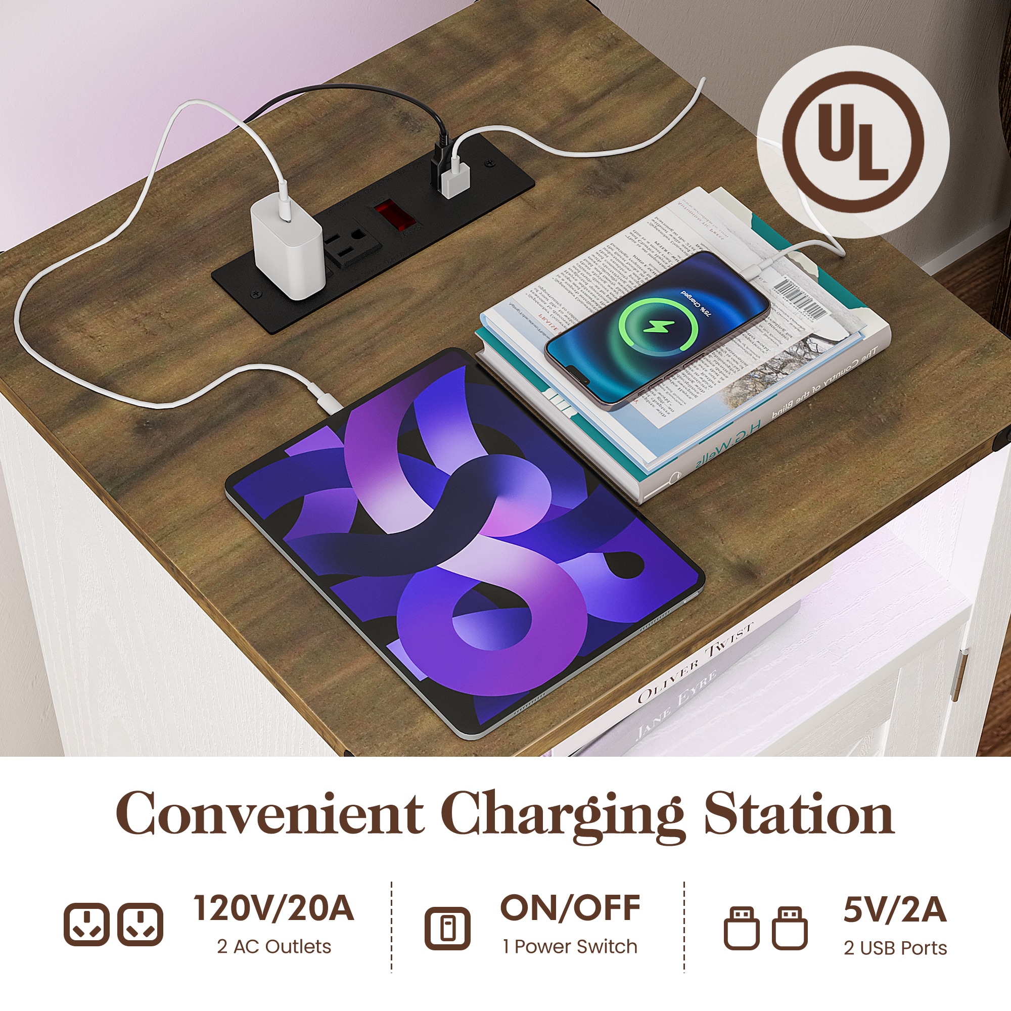 Set Of 2 Bedside Tables With Charging Station And Storage White_voghion.com